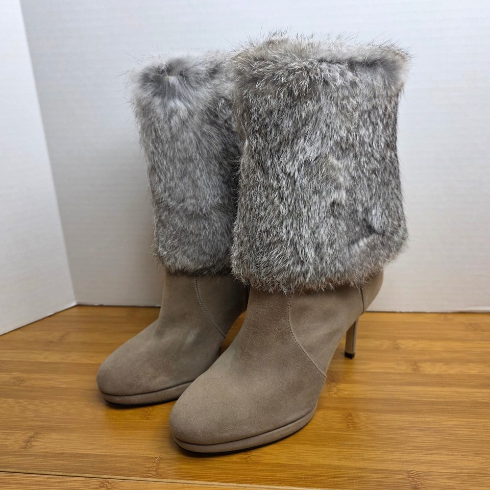 Michael Kors Taupe Suede Fur Stiletto Ankle Boots Grey Gold Logo Platform Sz 8